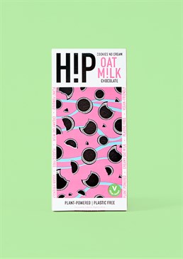 H!P Cookies No Cream Oat Milk Chocolate. The cream of the crop! Single origin Columbian cocoa 41% with cookies. 70g of creamy oat milk goodness. 100% slave free product. Suitable for vegans. H!P Chocolate tastes EXACTLY like a regular creamy milk chocolate but the catch is, it's 100% vegan! In this case, there's no cream necessary in their take on this iconic flavour packed with delicious, crunchy cookies. At H!P they care as much about providing ethically-sourced chocolate as they do ensuring it's a delight for the taste buds. H!P use a family-owned business in Bogota, Colombia for their cocoa, their packaging is plastic-free and they use sustainable oat milk so you can feel smug knowing your chocolate bar is completely ethically-sourced. In case you didn't already know, it's hip to help the planet! Please be aware this product contains wheat flour and is made on equipment which processes milk, soy, gluten, peanuts and other nuts.